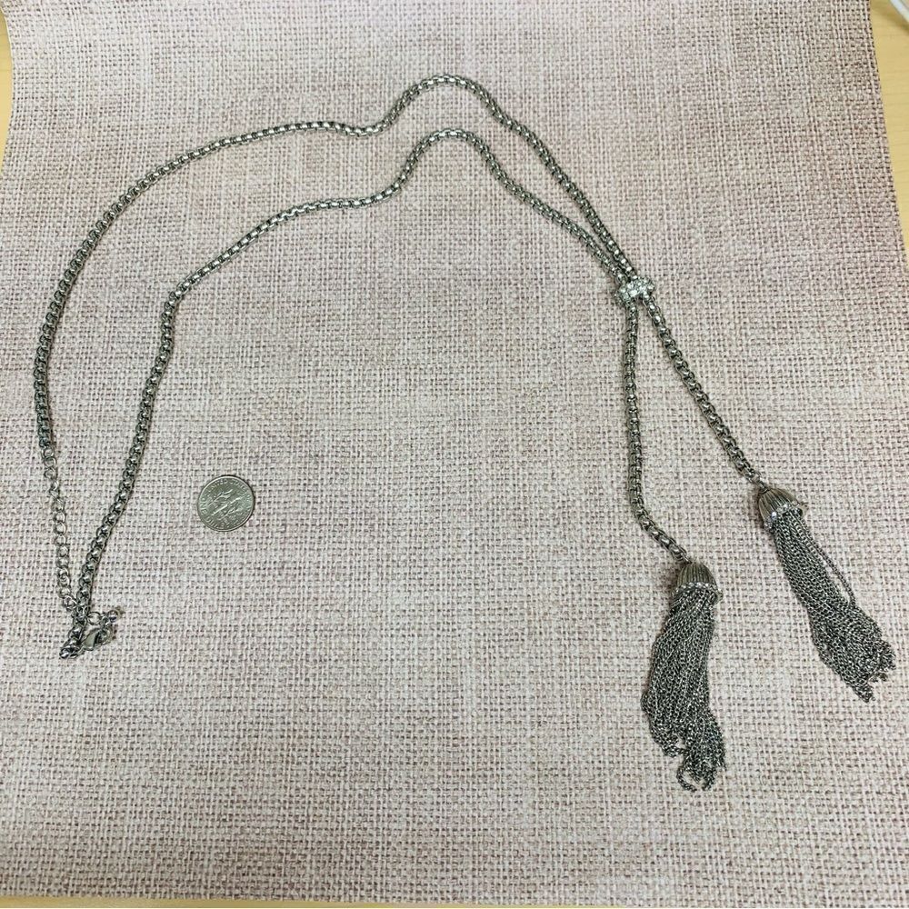 Silver Clear Crystal Chain Tassel Necklace